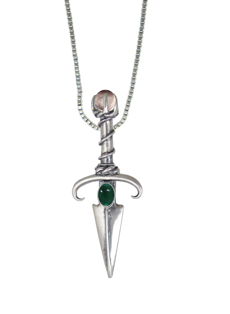 Sterling Silver Black Prince's Knife Dagger Pendant With Fluorite And Rose Quartz